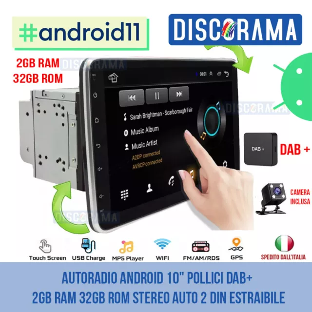 Autoradio Android 10" Pollici Dab+ 2Gb Ram 32Gb Rom Stereo Auto 2 Din Estraibile