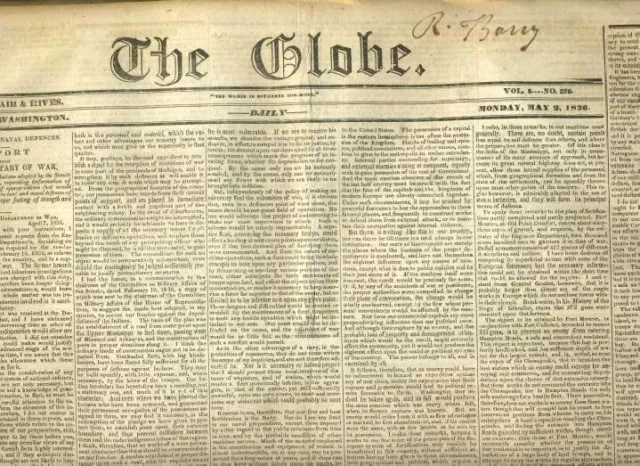 The GLOBE Newspaper Washington DC May 2, 1836 Secretary  War President Jackson