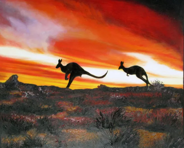 Australia outback painting - Art Print - canvas Framed - Kangaroo - Sunset 24"