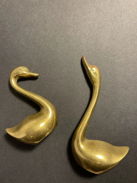 Vtg Pair Solid Brass Swan Figures Mid Century Modern Hollywood Regency