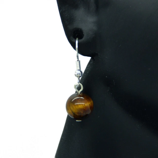 Boucles D'oreilles En Oeil De Tigre Et Argent 925 - Puces - Fermoir à Clous - Occasion