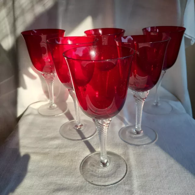 2 pc - Ruby Red Sasaki Crystal Wine Glasses Hand Blown Twisted Clear Stem