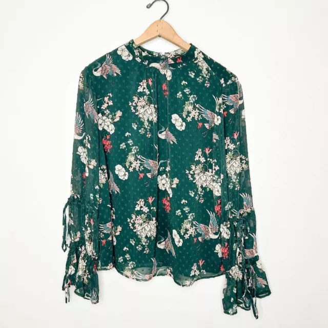 Kensie Boho Floral Bird Print Ruffle Sleeve Blouse Medium M 2