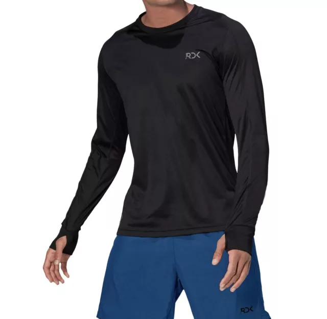 Mens Gym Running Long Sleeve Sweat T-Shirt Crew Neck Cycling Training Top Black