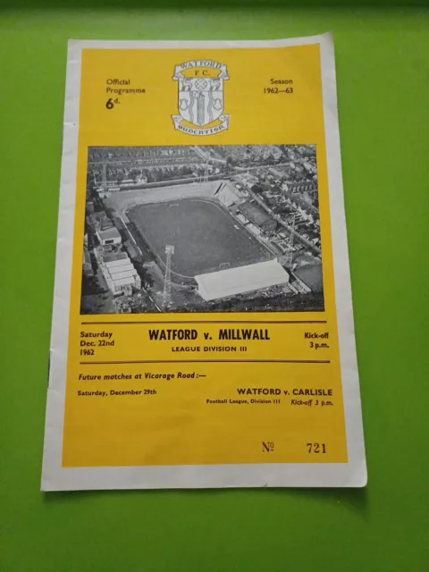Watford V Millwall Football Programme.  LD3. 22.12.1962. Excellent Condition