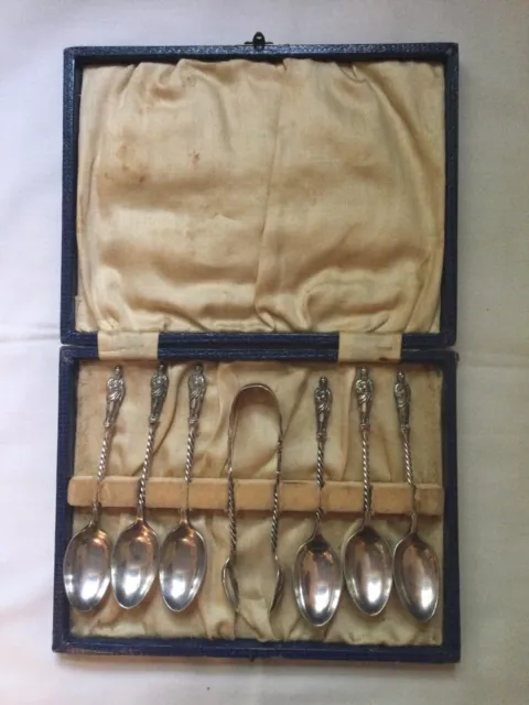Set Of Six Sterling Silver Apostle Tea Spoons And Sugar Tongs  Original Box