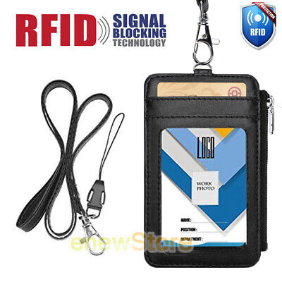 ID Badge Holder w/ Neck Lanyard Double Sided PU Leather Wallet Case Card Slots