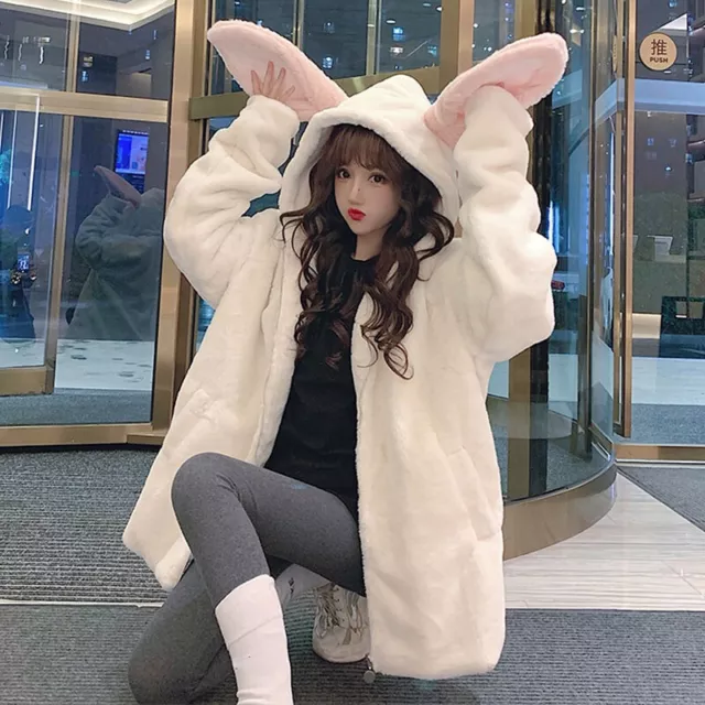 Fashion Cute Ears Hooded Jackets Lolita Kawaii Womens Winter Warm Fleece Coats