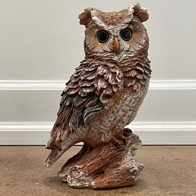 Vintage Hand Carved 9” Tall Wooden Owl Mid Century Art Decor Intricate Statue