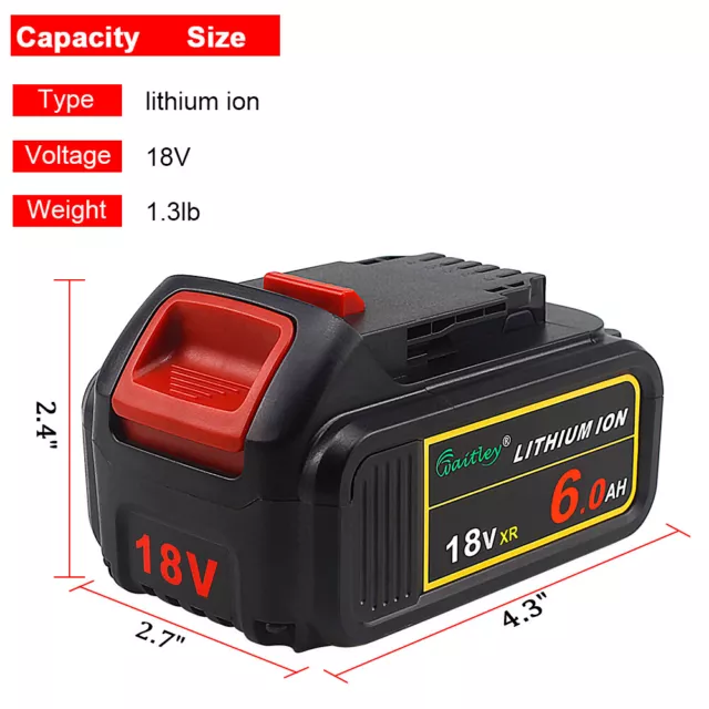 2x for DeWalt DCB184 18V 6.0AH Li-Ion Power Tool Battery+Adapter Type-C 3