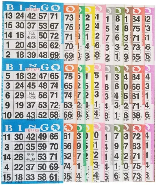 Bingo Paper Game Cards – 3 Card – 10 Bingo Sheets – 100 Books – 10 Colors, Made