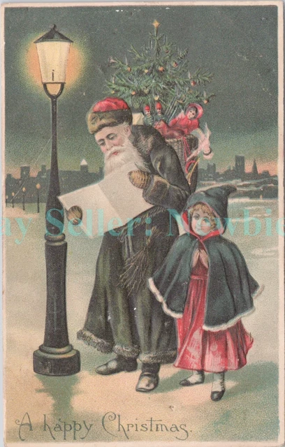 Merry Christmas - BLACK/GREEN SUIT SANTA CLAUS W/ MAP - BW Embossed Postcard