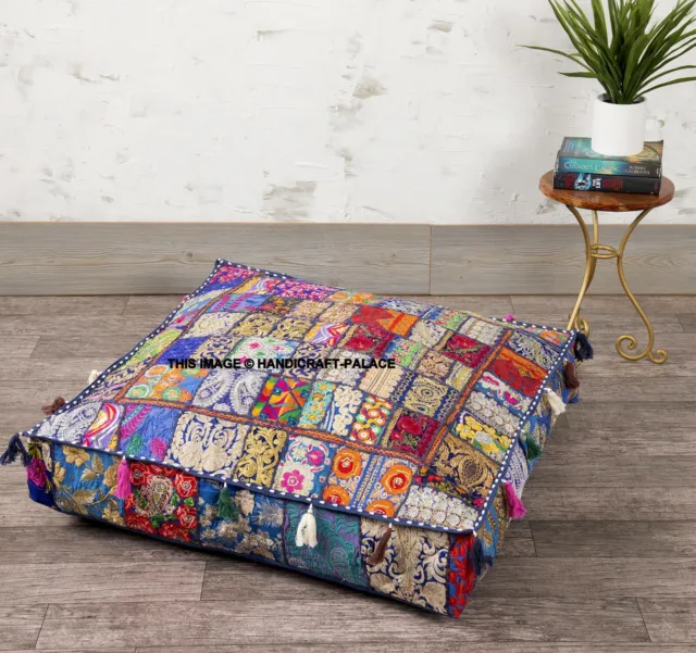 Blue Patchwork Large Square Floor Pillow Throw Indian Cushion Dog Bed Pouf 35"