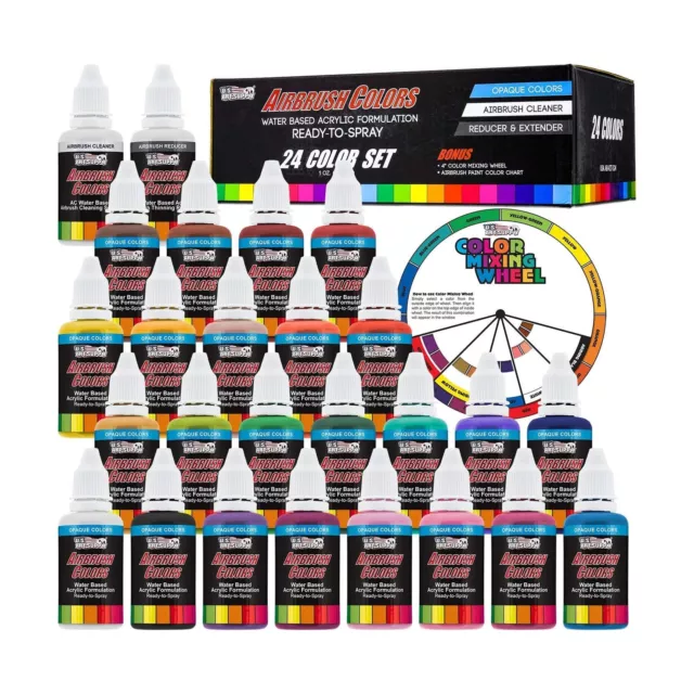 Juego de pintura de aerógrafo acrílico de 24 colores U.S. Art Supply opaco co...