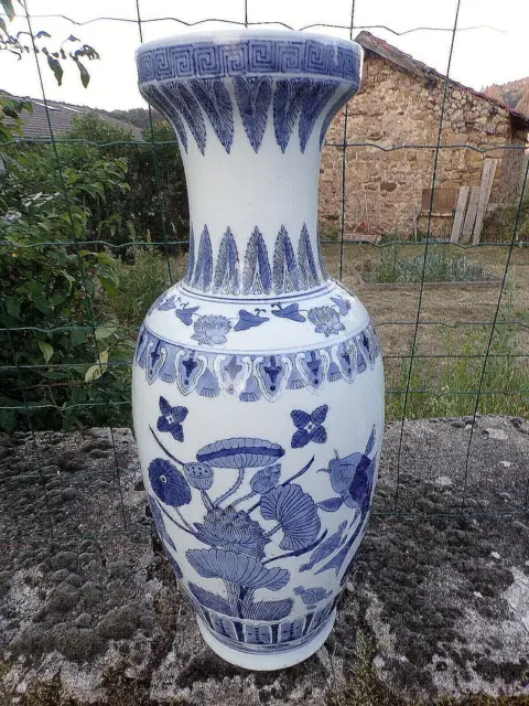 Ancien très grand vase porcelaine de Chine-décor carpe koï-blanc/bleu céladon 3