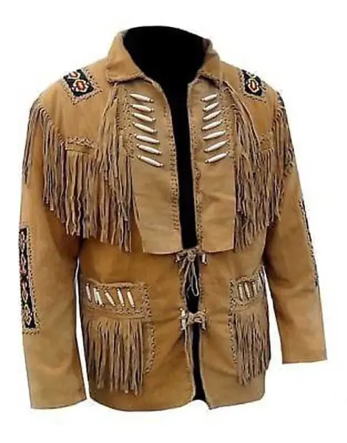 Men Native American Cowboy Suede Leather Jacket Fringes & Beaded Western jacket