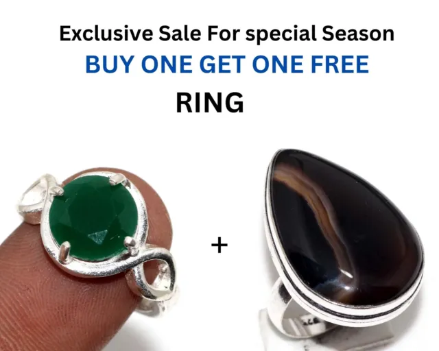 Green Onyx, Banded Black Onyx Fresh Stock Deals Ring Combo Set Size 7.5 GW
