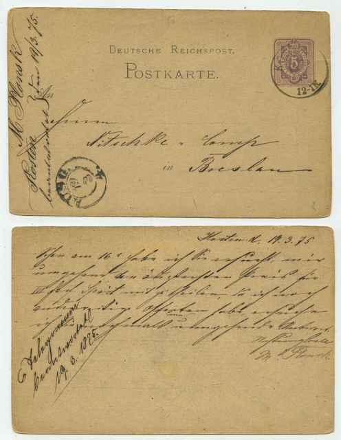 91072 - Ganzsache P 5 - Postkarte - Kosten 19.3.1875 nach Breslau