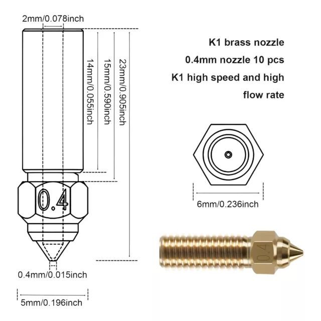 10Pcs 3D Printer Nozzles Kit Compatible with K1 0.4mm Brass High Flow qrKMH