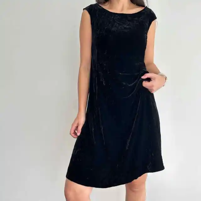 Eileen Fisher Velvet Dress Womens Medium Boatneck Black Midi Velvet Velour
