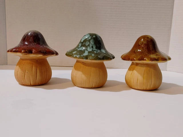 Whimsical Lot of 3 Mushrooms Red Brown Glaze Green Ceramic Home Garden Pottery