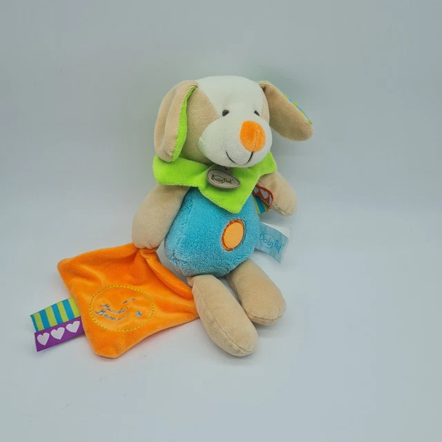 21 _ Doudou D'amour Peluche Babynat Chien Bleu Vert Mouchoir Orange