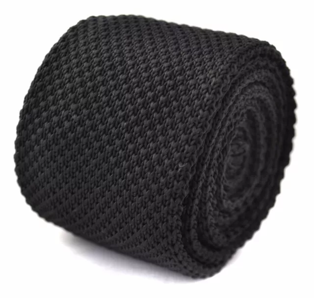 Frederick Thomas Knitted Silk Mens Tie - Black - Plain Skinny Handmade Necktie