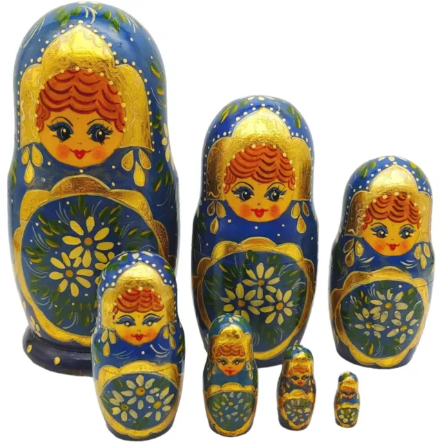 Hand Painted Matryoshka Nesting Dolls Set 7 - 7" vtg 90s Blue Gold Floral Signed