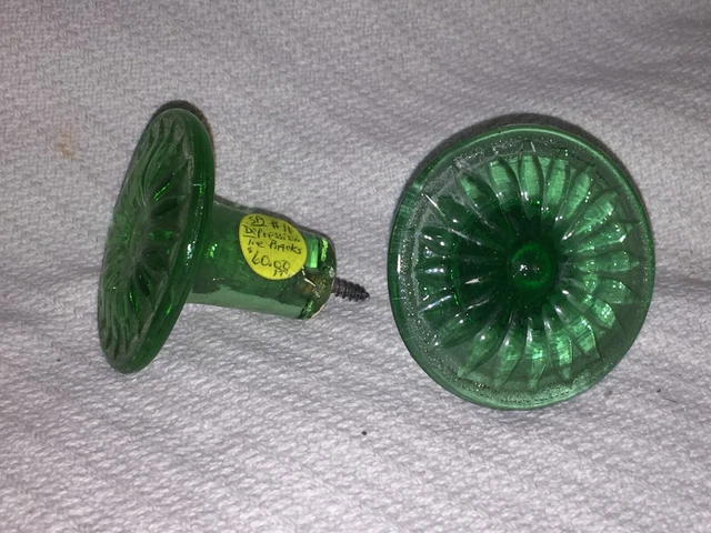 Two Vintage Depression Green Glass Sunflower 2.5in Round Screw Curtain Tiebacks