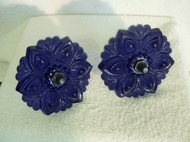 2~Antique Sandwich Glass Curtain Tie Backs Cobalt Blue Original Hardware 4.5"D