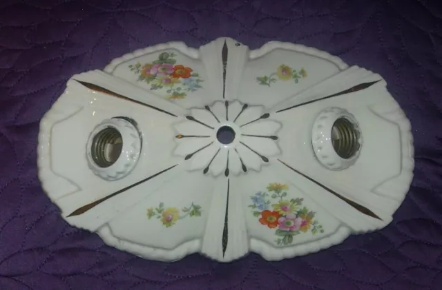 Fixation De Plafond Art Deco Deux Lumières Motif Floral Céramique Oblongue Années 1930