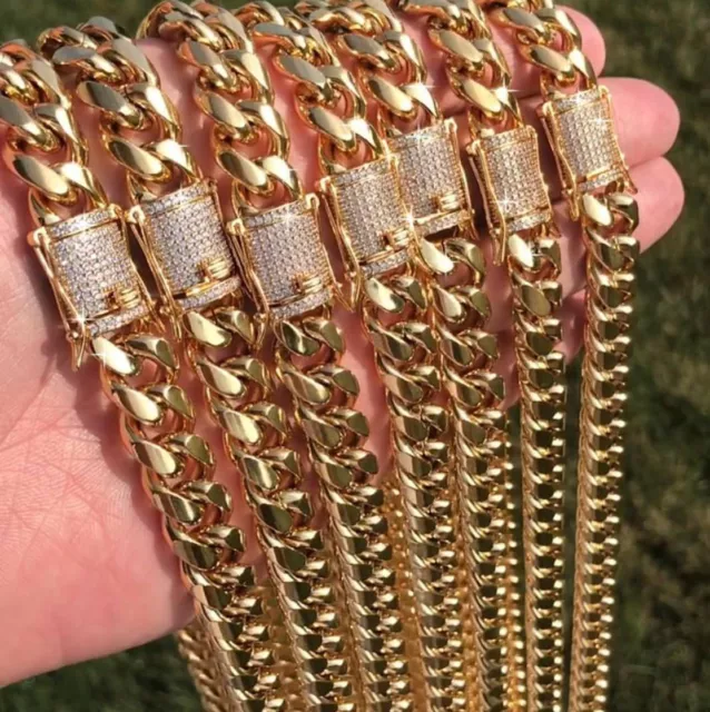 Miami Cuban Link Chain 1ct CZ VVS Clasp 14K Gold Plated Stainless Steel 6-12mm