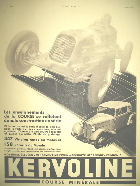 Publicite De Presse Kervoline Huile Moteur 158 Records Du Monde French Ad 1934