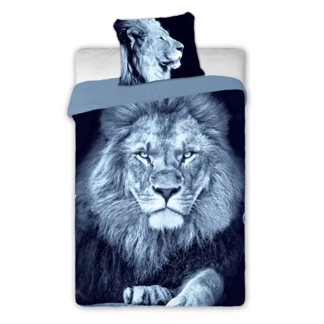 Lion Single Duvet Cover Set EU Size Photographic Animal 2-in-1 Design Blue