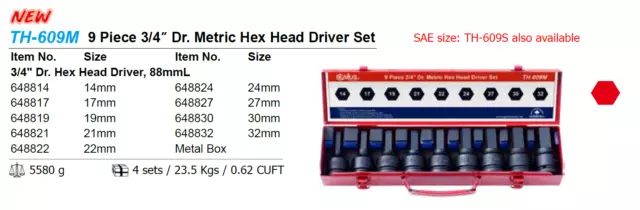 Genius Tools 9 pcs Metric 3/4" Dr. Hex Head Driver Set - TH-609M