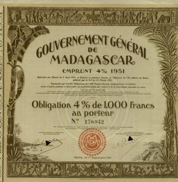 Gouvernement Général de Madagascar Paris Palmen 1931 Titres Anciens 1000 F DEKO