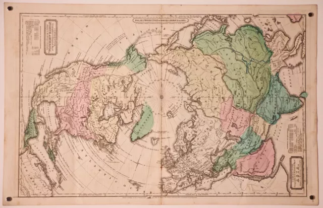 1837 Antique W C Woodbridge Polar Projection N. Am. & Asia + Pacific Ocean Maps