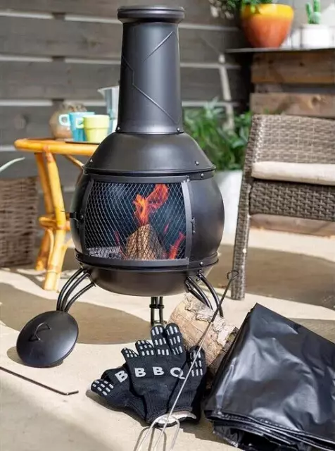 La Hacienda Leon Steel Chimenea Fire Pit BUNDLE Garden Patio Heater Wood Burner