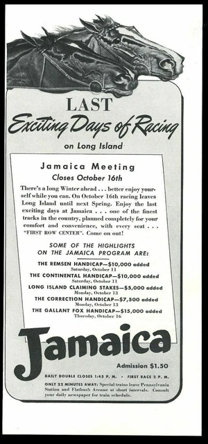 1941 Jamaica racetrack horse racing art vintage print ad