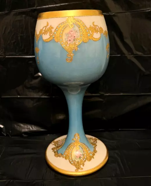 American Belleek Willets Hand Painted Roses Toasting Chalice Goblet Huge Vase
