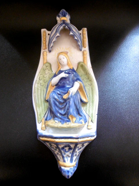 BENITIER ANCIEN POLYCHROME Faïence Ange