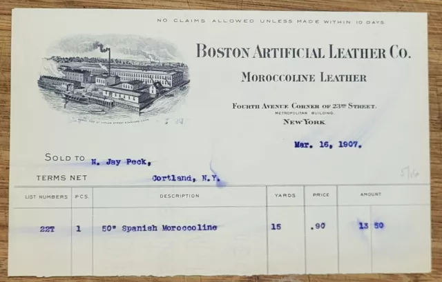 1907 Billhead New York City Boston Artificial Leather Company