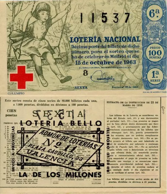 Año 1963. 100 Pts. Décima parte del billete. 15 de Octubre. Cruz Roja.