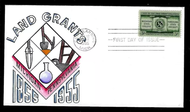 1065 3c Stamp (1955) MSU & PSU LAND GRANT COLLEGES FDC HAND PAINTED BY KNOBLE !!
