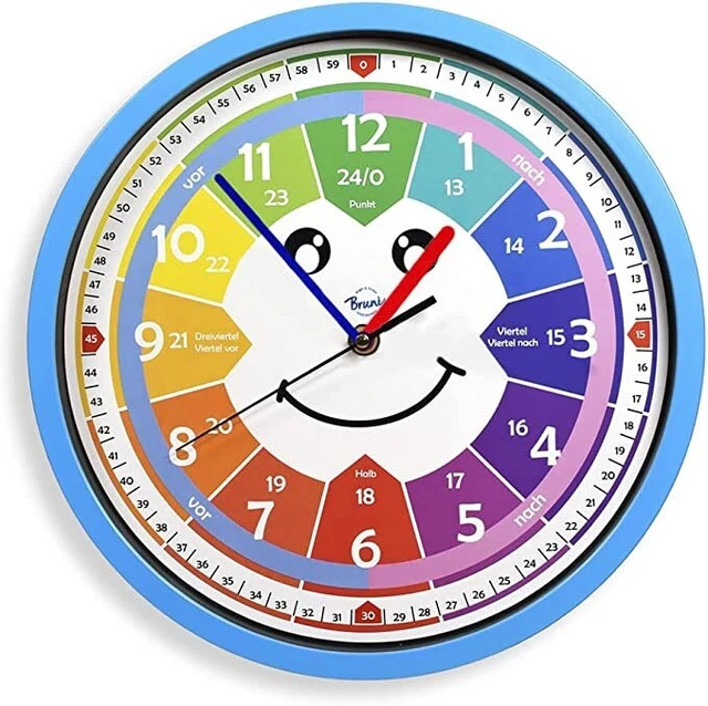 Bruni Kinderwanduhr ohne Tickgeräusche Lernuhr Wanduhr für´s Kinderzimmer