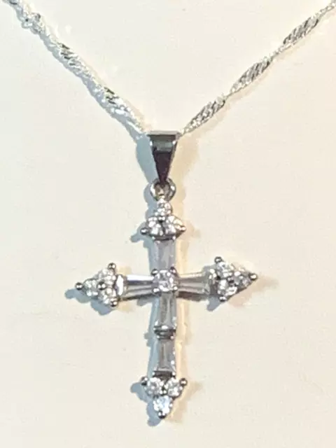 35% Off Sale-GORGEOUS LARGE BAGUETTE ZIRCON CROSS NECKLACE.  silver -NEW