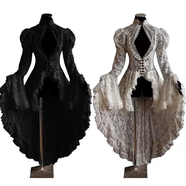 UK Retro Women Vintage Lace Victorian Dress Long Flare Sleeve Gothic Dresses