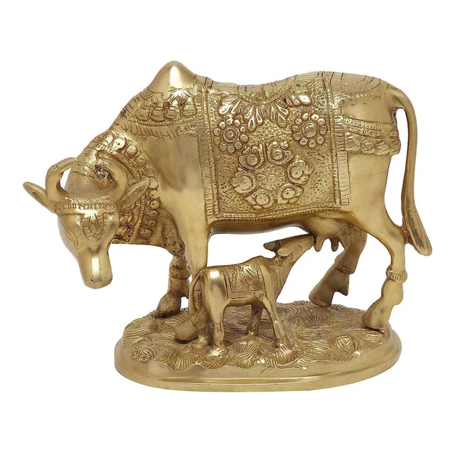 Nandi Cow And Calf Brass Idol Statue Home & Office Decor (7.0 x 8.5 x 4.2 inch)