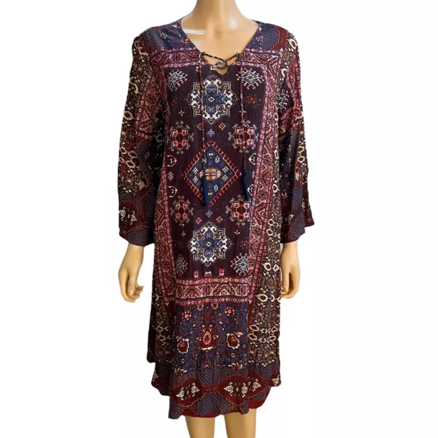 Coldwater Creek Womens Boho Shift Dress Geometric Print Lace Up Chest Medium