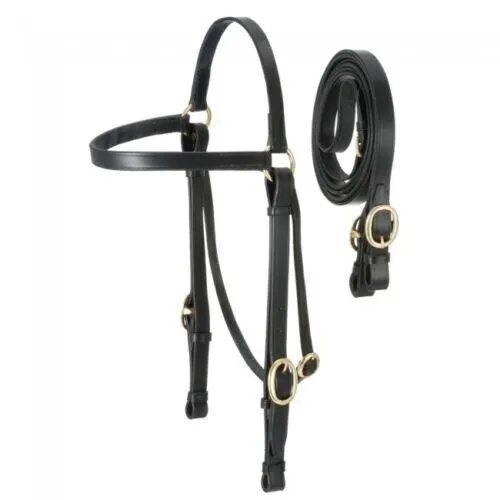 Western Black Leather Plan Australian Briddle and Reins with Brass Hardware POLO